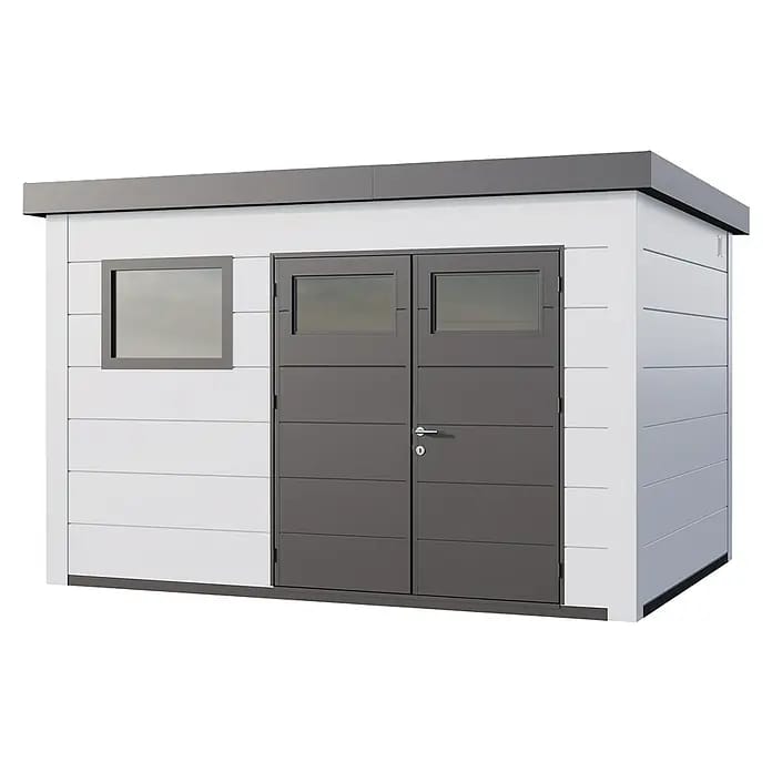Telluria Gerätehaus Classico 3930+ inkl. Elektro-Set (Außenmaß inkl. Dachüberstand (B x T): 408 x 318 cm, Stahl, Weiß, Inkl. Innenwandverkleidung & El