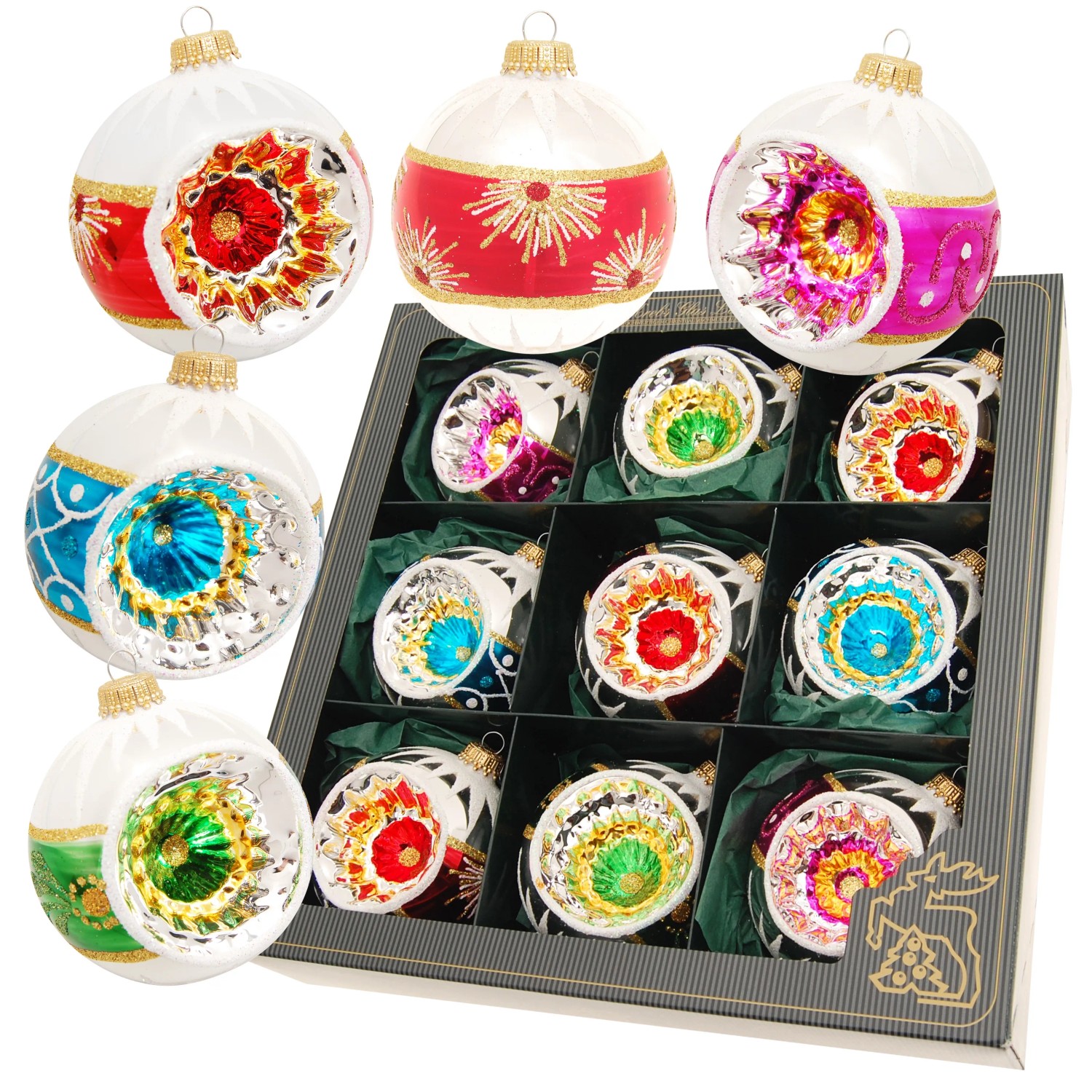 Krebs Glas Lauscha Reflex-Weihnachtsbaumkugeln Retro 9-tlg. 8cm