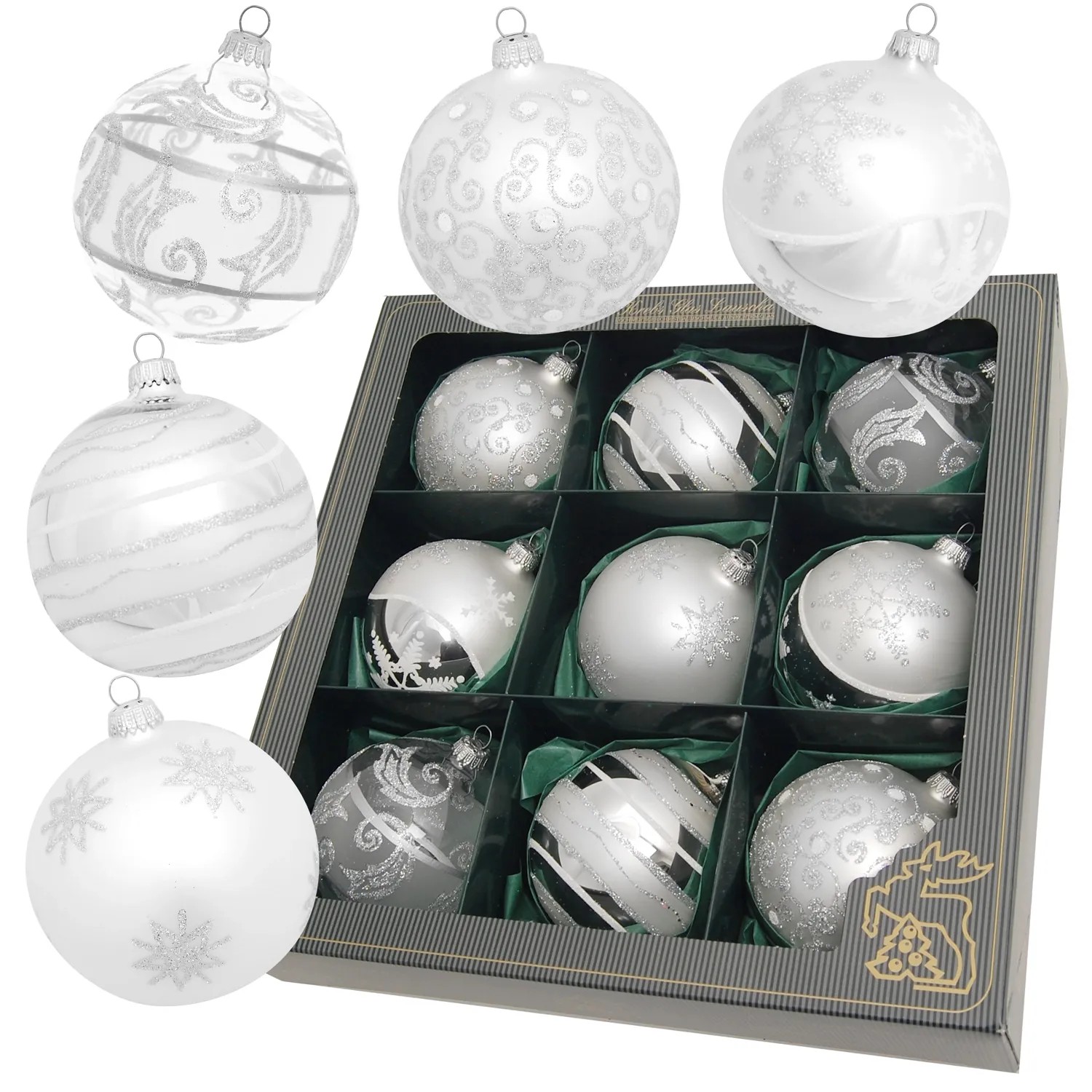 Krebs Glas Lauscha GmbH Christbaumkugeln Weihnachtskugeln Glas Ø 8 cm 9 Stück silber