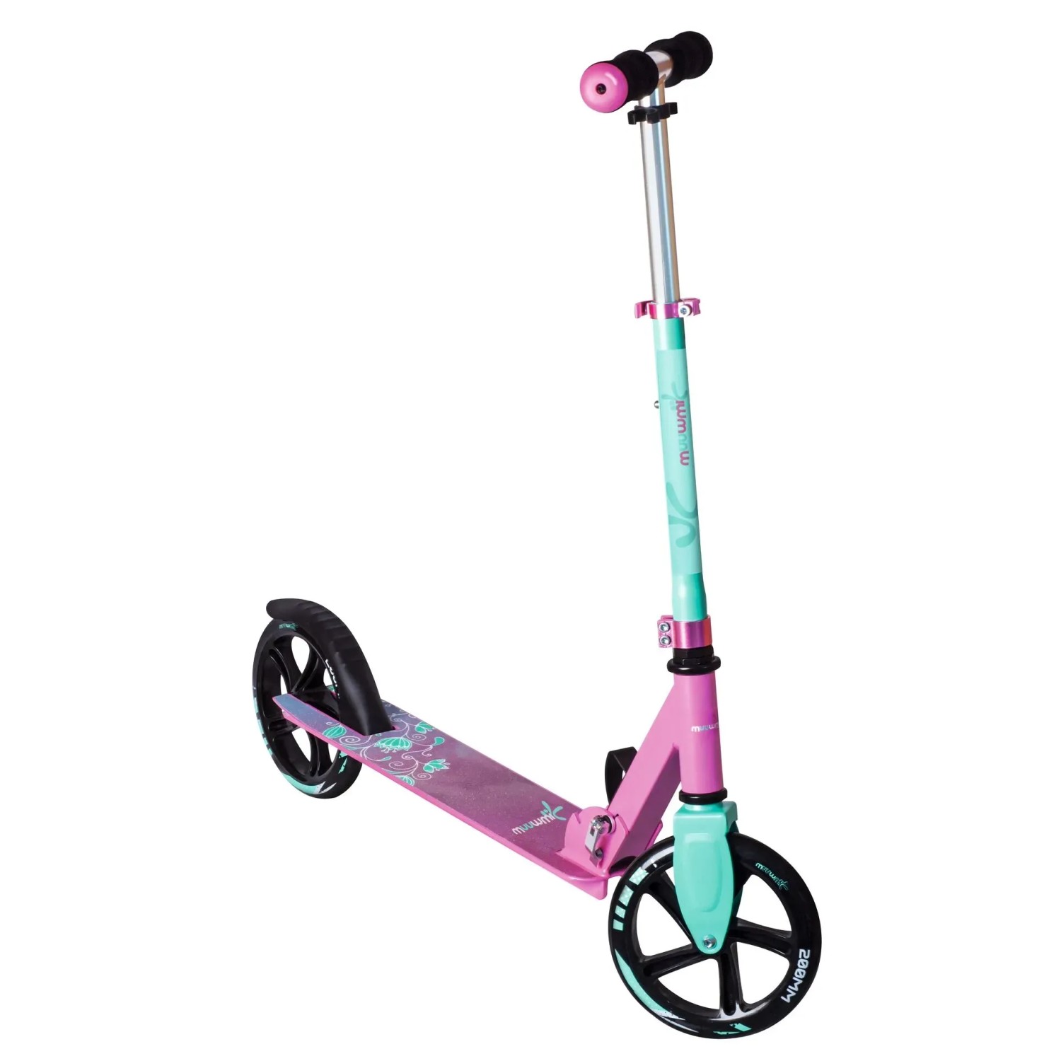 Muuwmi Aluminium Scooter Tretroller 200 mm ABEC 5 GS-Geprüft Höhenverstellbar XL-Deck Pink-Türkis