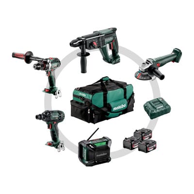 Metabo - Akku Combo Set Bauhandwerk 5.2, bs 18 ltx bl + kh 18 ltx 24 + w 18 l 9-125 Quick + ssw 18 ltx 300 bl + r 12-18 dab bt, Werkzeugtasche