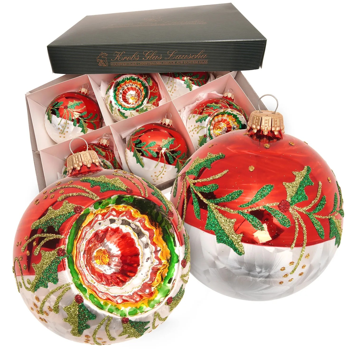 Krebs Glas Lauscha Weihnachtskugeln Reflexset Ilex Rot 8cm