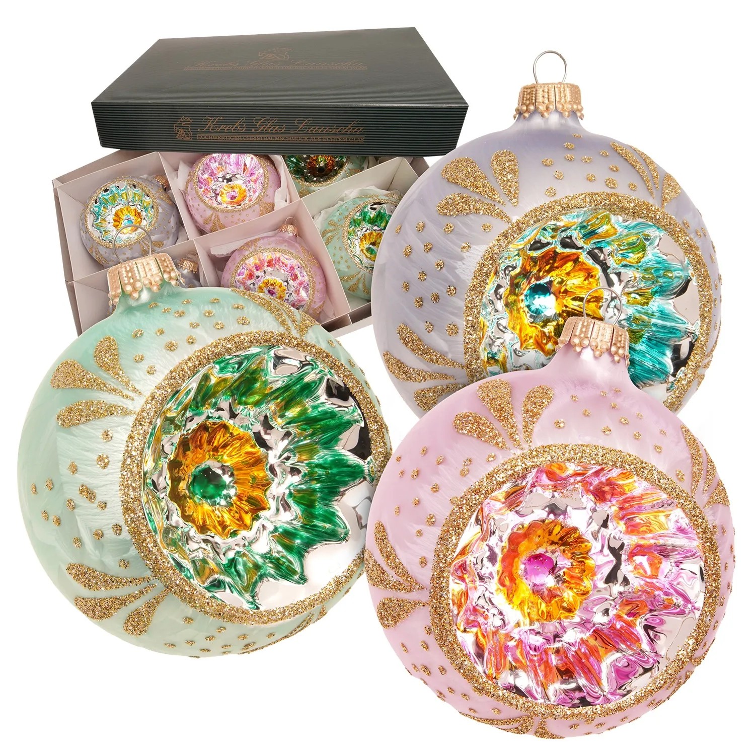 Krebs Glas Lauscha Weihnachtskugeln Set Reflexe Pastell Mehrfarbig 8cm