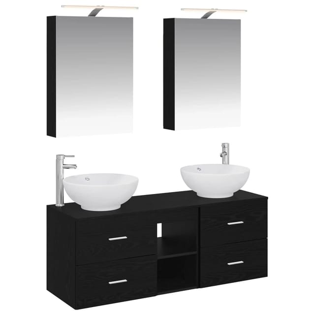 vidaXL Badezimmermöbel-Set 5-Tlg Schwarze Eiche Ingenieurholz und Glas 3406952