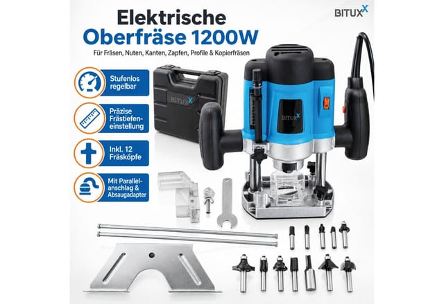 Bituxx - 1200W Oberfräse Fräse Kantenfräse Holzfräse Parallelanschlag, Absaugadapter inklusive 12 tlg. Fräser Set