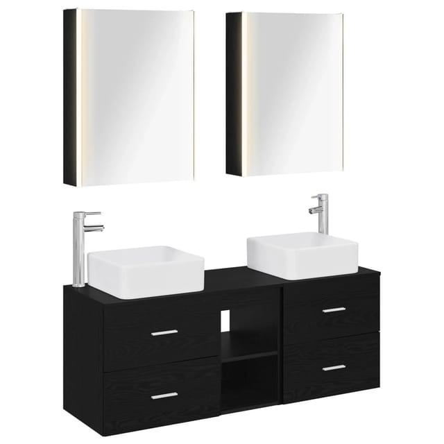 vidaXL Badezimmermöbel-Set 5-Tlg Schwarze Eiche Ingenieurholz und Glas 3406768