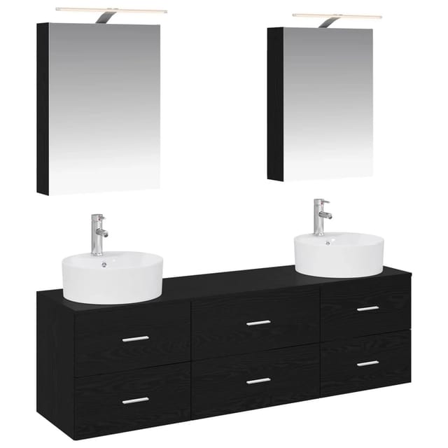 vidaXL Badezimmermöbel-Set 5-Tlg Schwarze Eiche Ingenieurholz und Glas 3406872