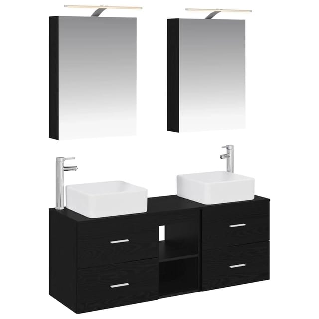 vidaXL Badezimmermöbel-Set 5-Tlg Schwarze Eiche Ingenieurholz und Glas 3406752
