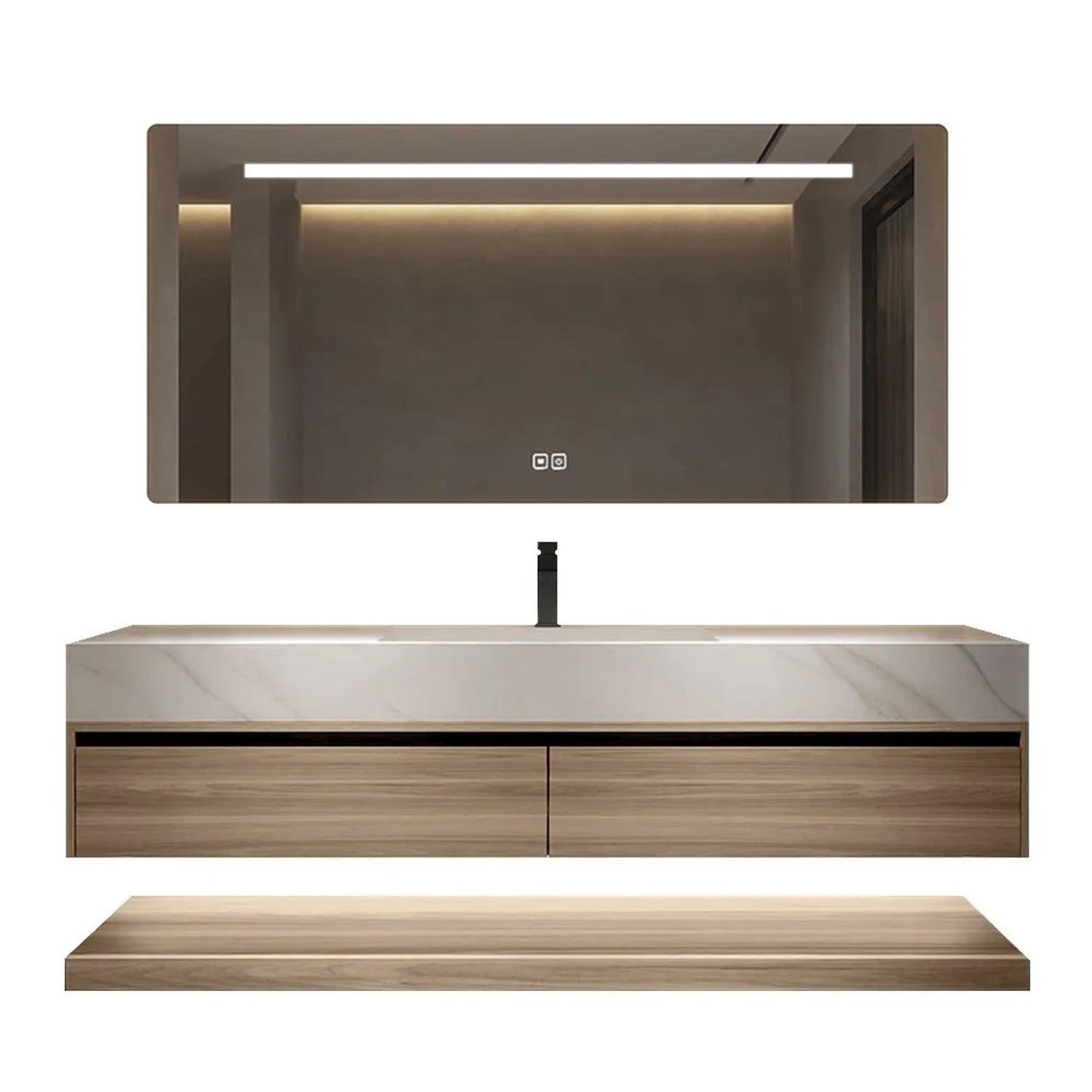 360Home Waschtisch Set Weiß 110 CM Mit Sinterstein Arbeitsplatte Holzmaserung Unterschrank Und Spiegel RW3256110K