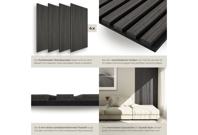Tectake Akustikpaneele Sonic Wall Iv Holzoptik In Eiche Schwarz Schallabsorbierender Filz 4Er Set 110 x 50 x 1 1 cm Eiche Schwarz