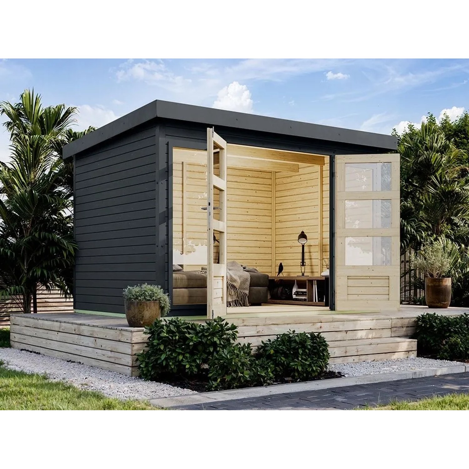 Karibu Gartenhaus Hybridgartenhaus Hera 4 Zoll 19 mm Wandstärke Anthrazit