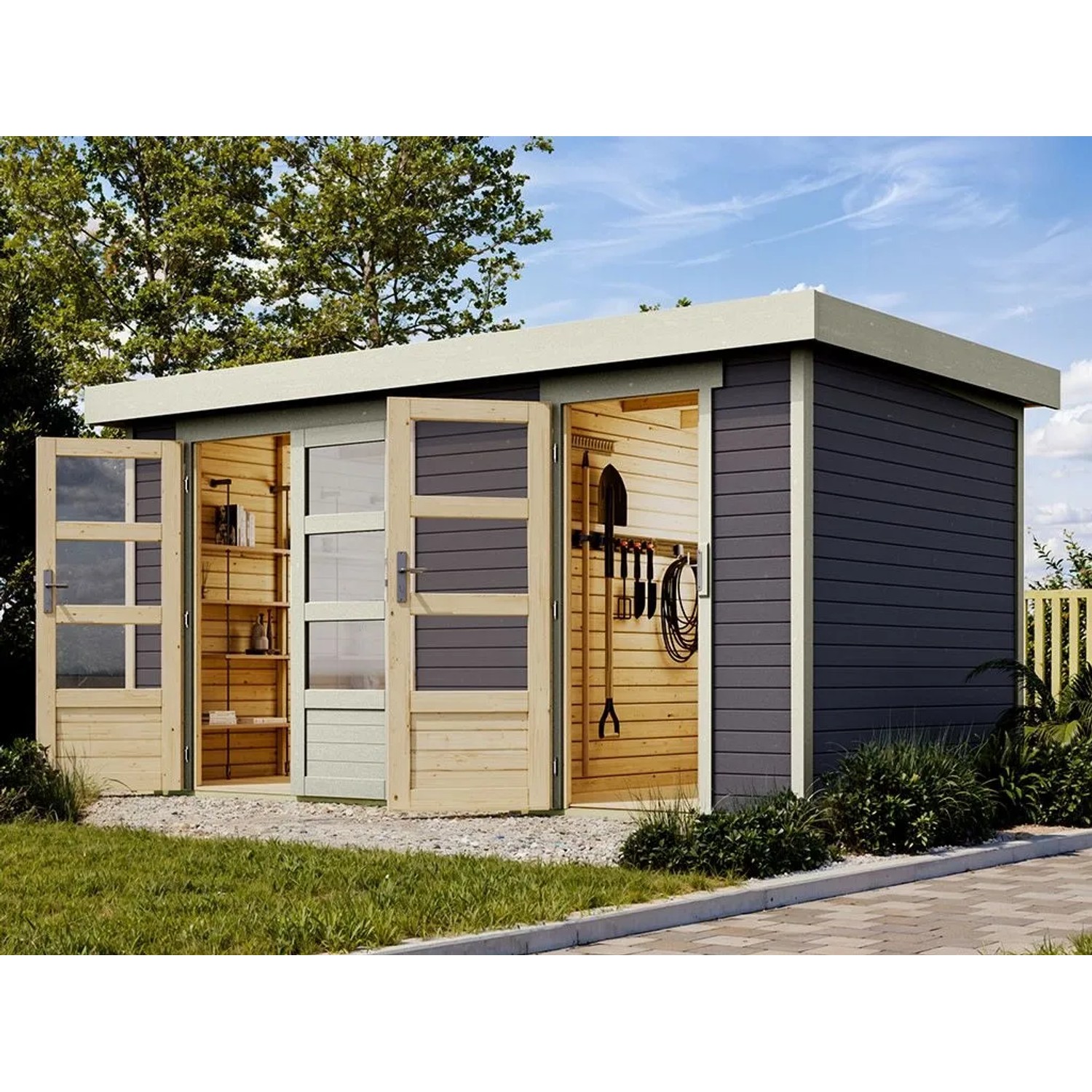 Karibu Gartenhaus Zweiraumhaus Nordhorn 19 mm Wandstärke Grau