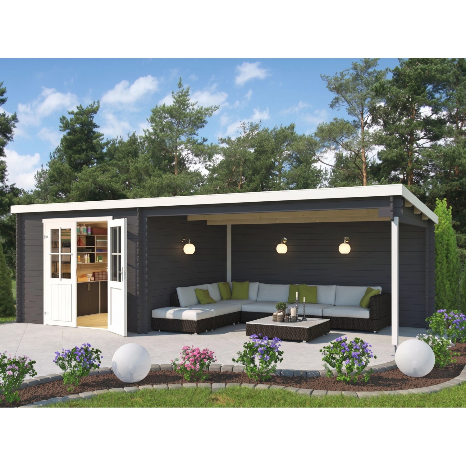Lasita Gartenhaus St. Louis Exklusiv 28 mm Wandstärke BxTxH 695 x 309 x 211 cm inkl. Anbaudach Dunkelgrau