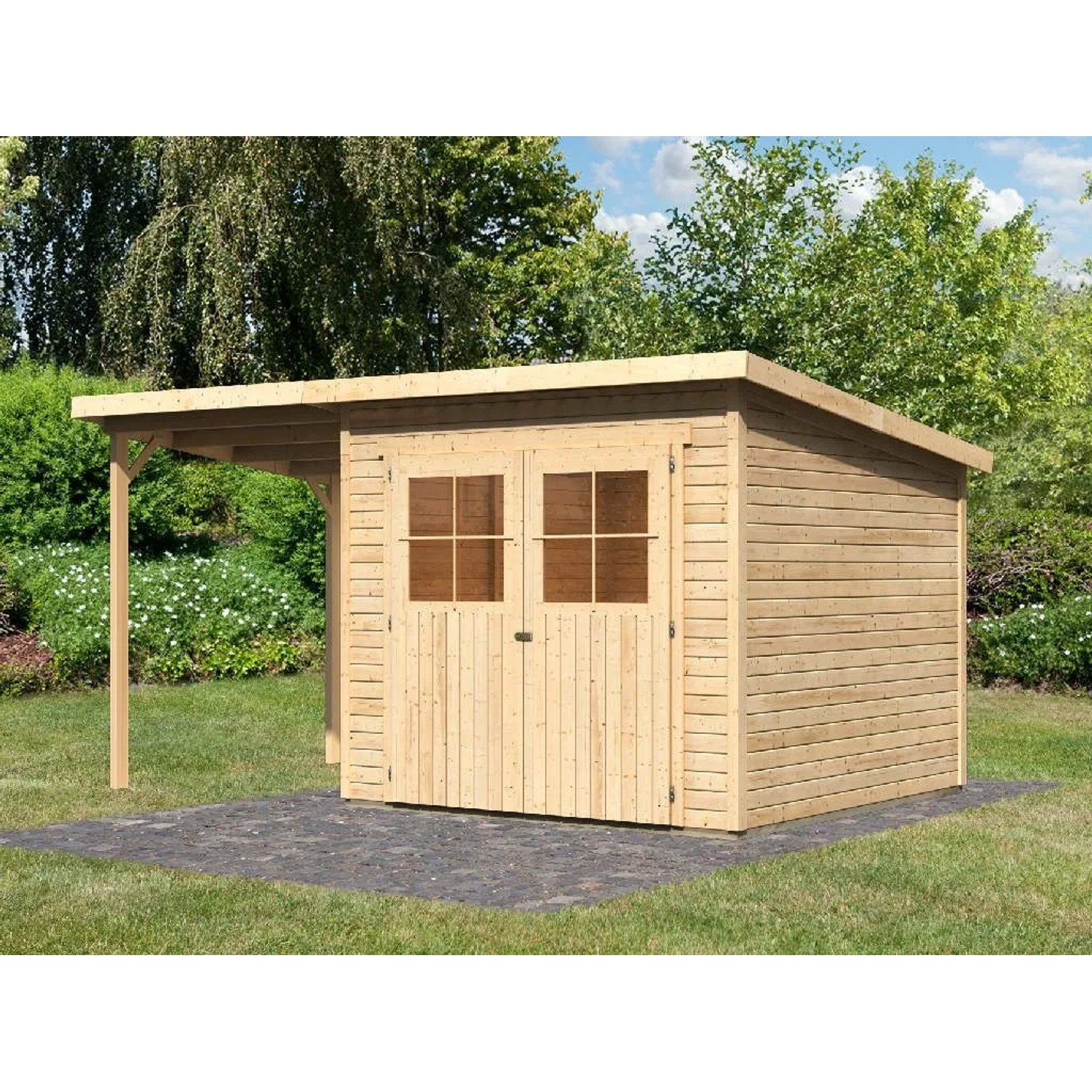 Karibu Gartenhaus Glücksberg 19 mm Wandstärke BxTxH 439 x 236 x 220 cm inkl. Anbaudach Natur