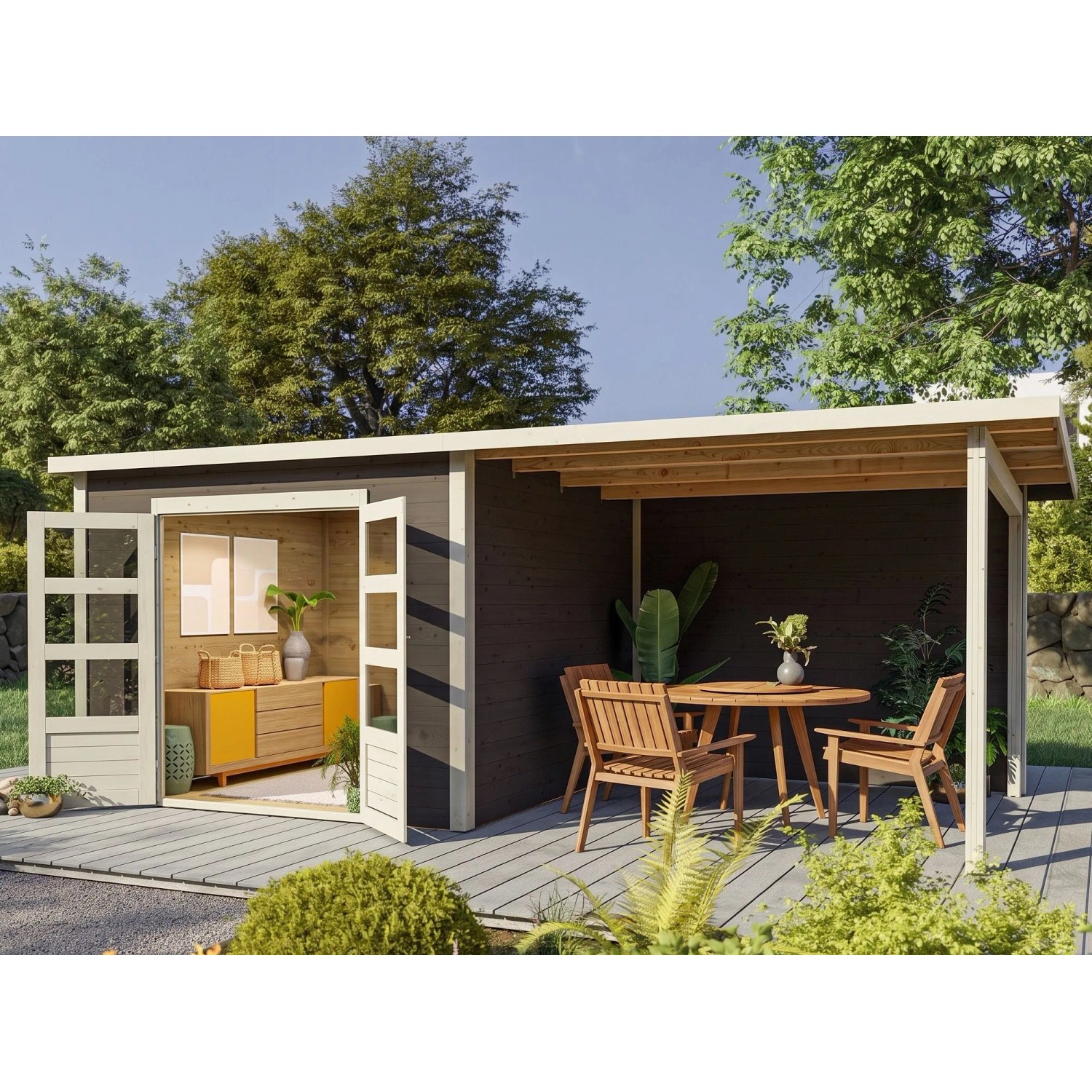 Karibu Gartenhaus Wacken 28 mm Wandstärke BxTxH 575 x 302 x 216 cm inkl. Anbaudach Grau