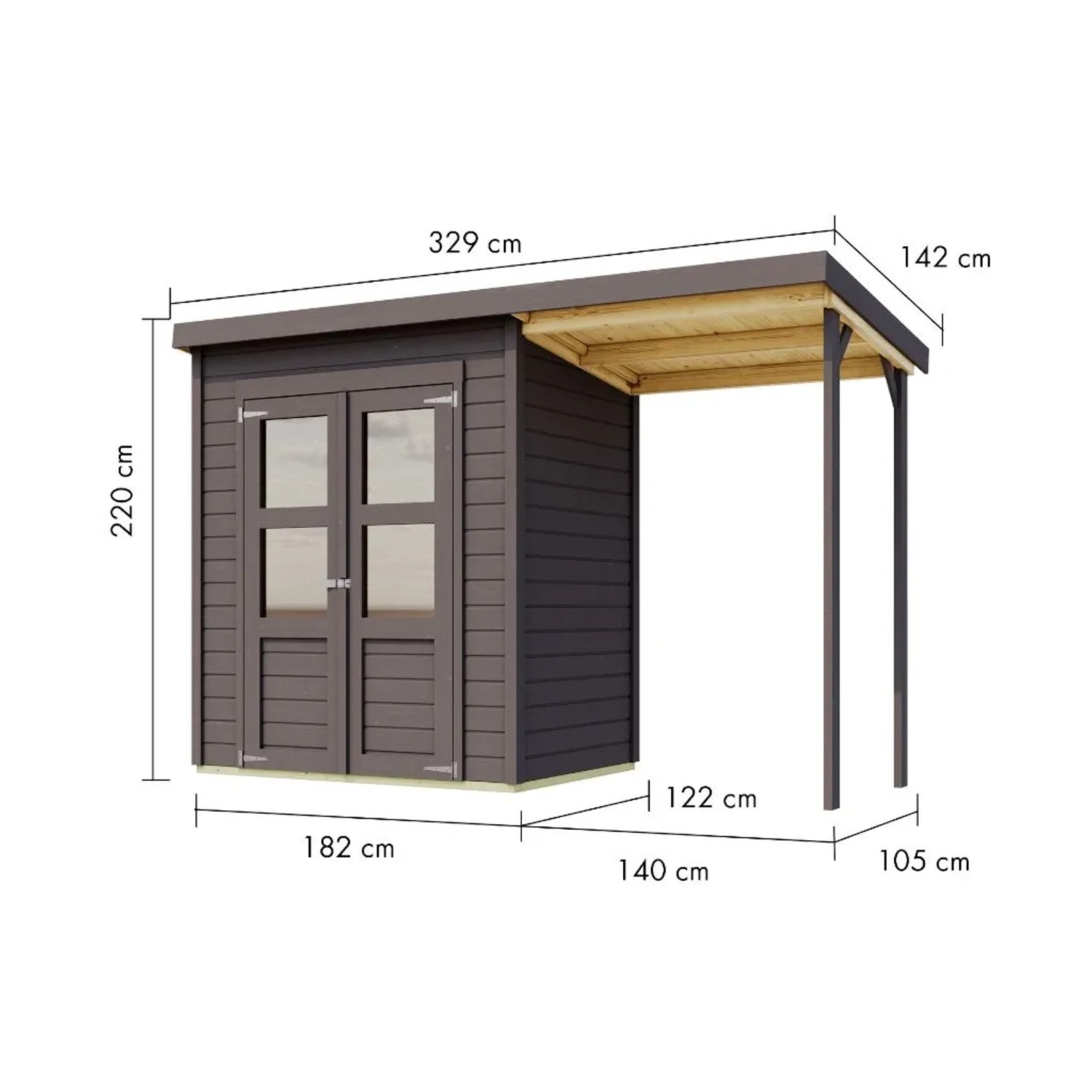 Karibu Gartenhaus Merseburg 14 mm Wandstärke inkl. Anbaudach Dunkelgrau