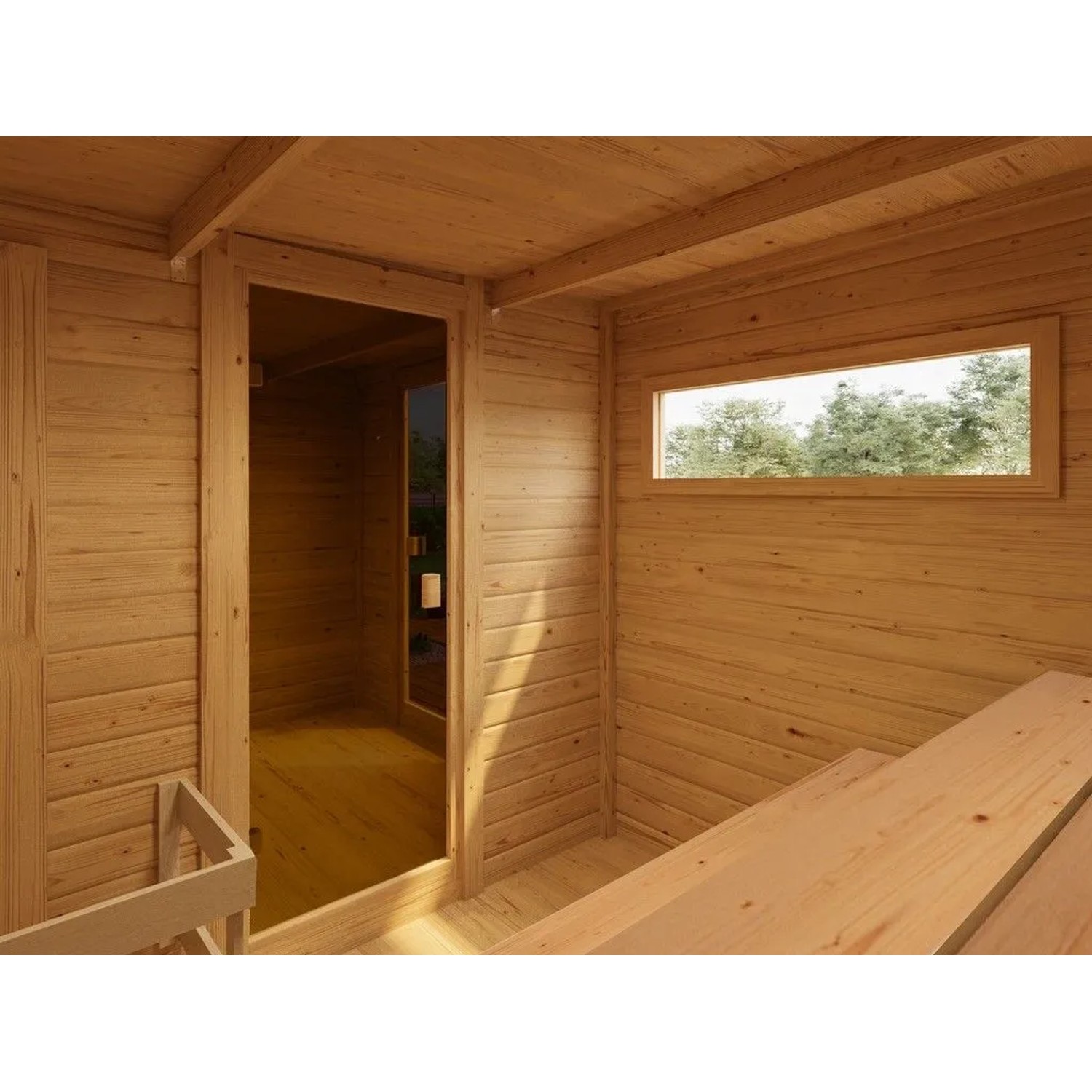 Karibu Saunahaus Gartensauna Lenchen 6 Terragrau mit Vorraum und Bronzierter Ganzglastür 38 mm Wandstärke ohne Ofen Grau