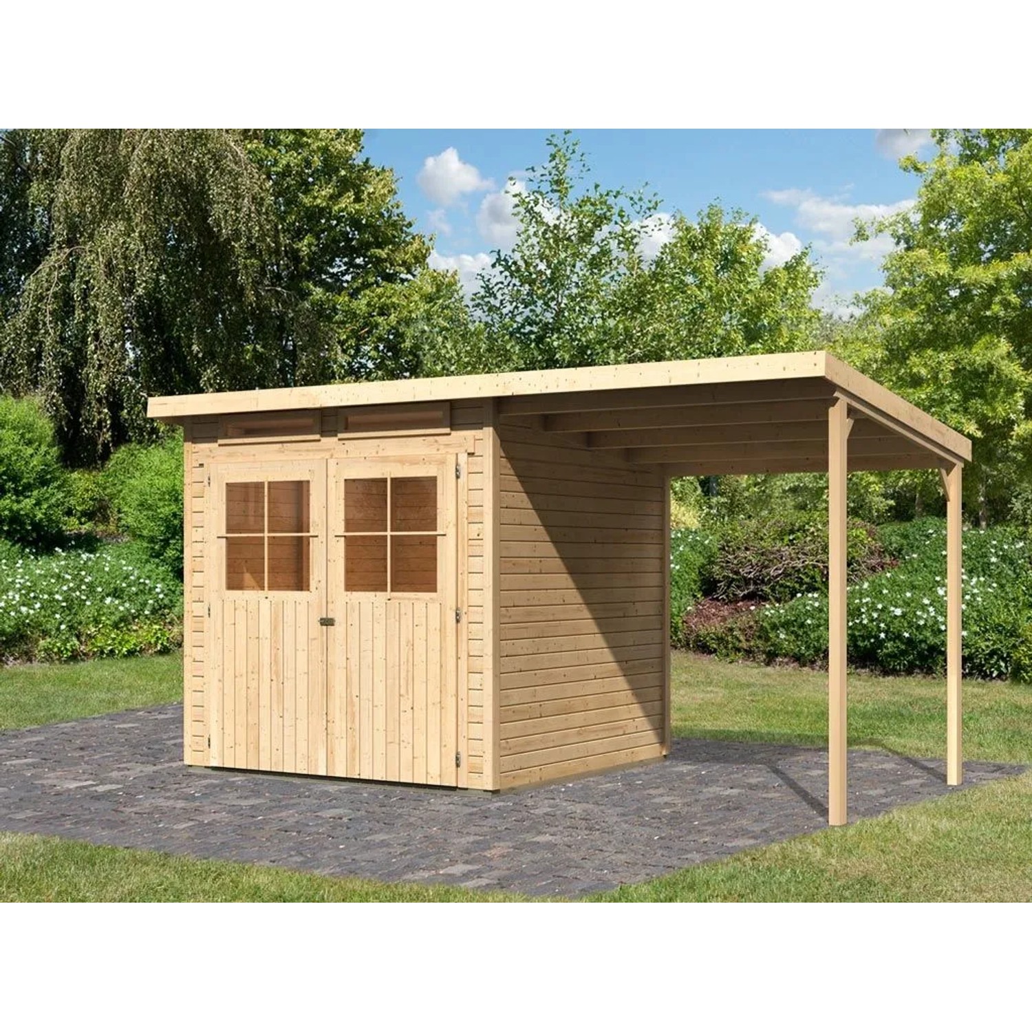 Karibu Gartenhaus Glücksberg 19 mm Wandstärke BxTxH 415 x 236 x 220 cm inkl. Anbaudach Natur