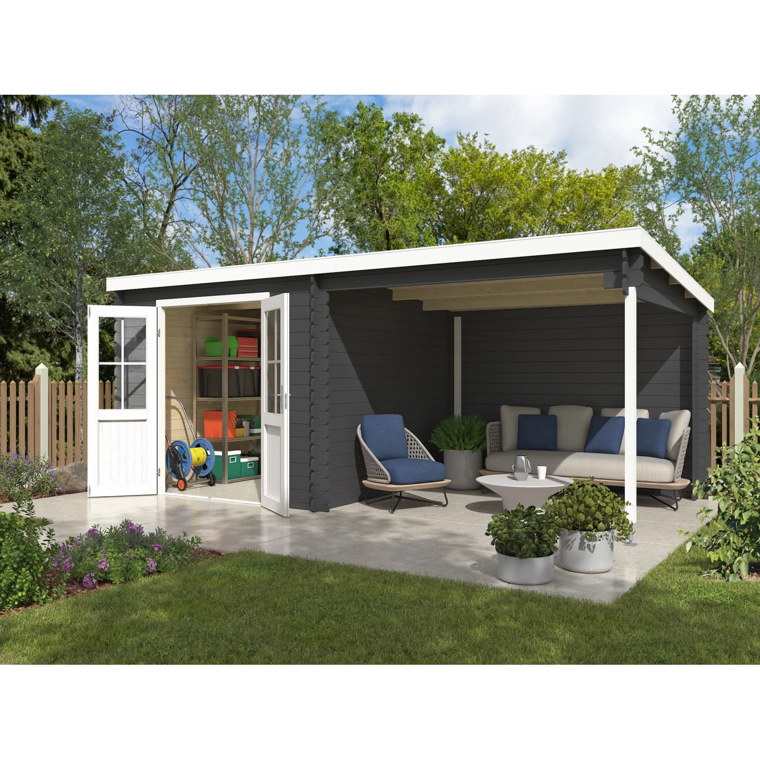 Lasita Gartenhaus Orlando 28 mm Wandstärke BxTxH 595 x 309 x 211 cm inkl. Anbaudach Dunkelgrau