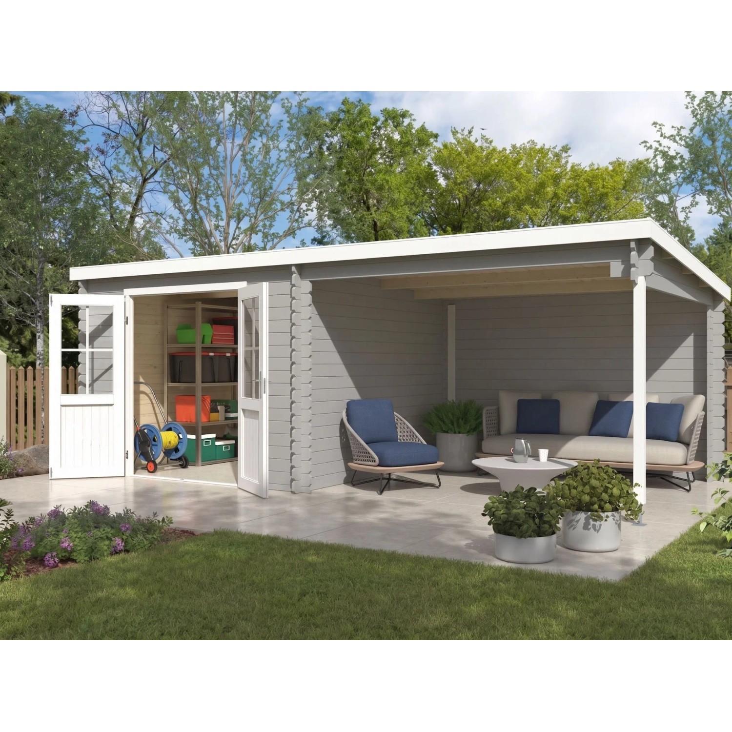 Lasita Gartenhaus Orlando 28 mm Wandstärke BxTxH 595 x 309 x 211 cm inkl. Anbaudach Hellgrau