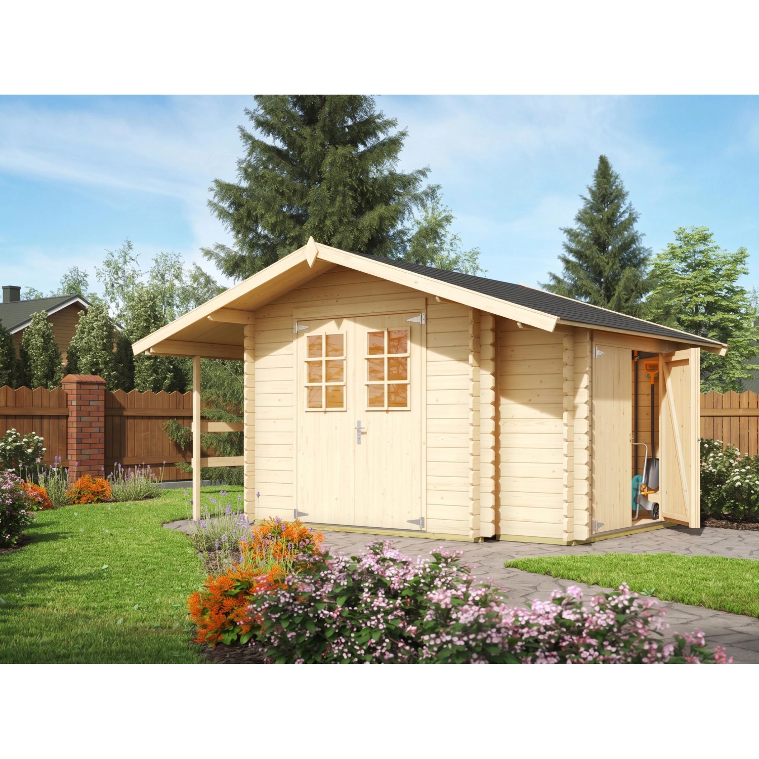 Lasita Gartenhaus Vilano 28 mm Wandstärke BxTxH 380 x 289 x 228 cm inkl. Anbaudach & Anbauschrank Natur