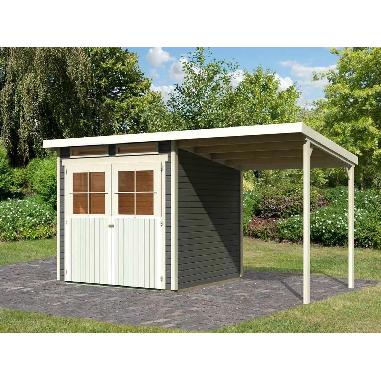Karibu Gartenhaus Glücksberg 19 mm Wandstärke BxTxH 415 x 236 x 220 cm inkl. Anbaudach Grau
