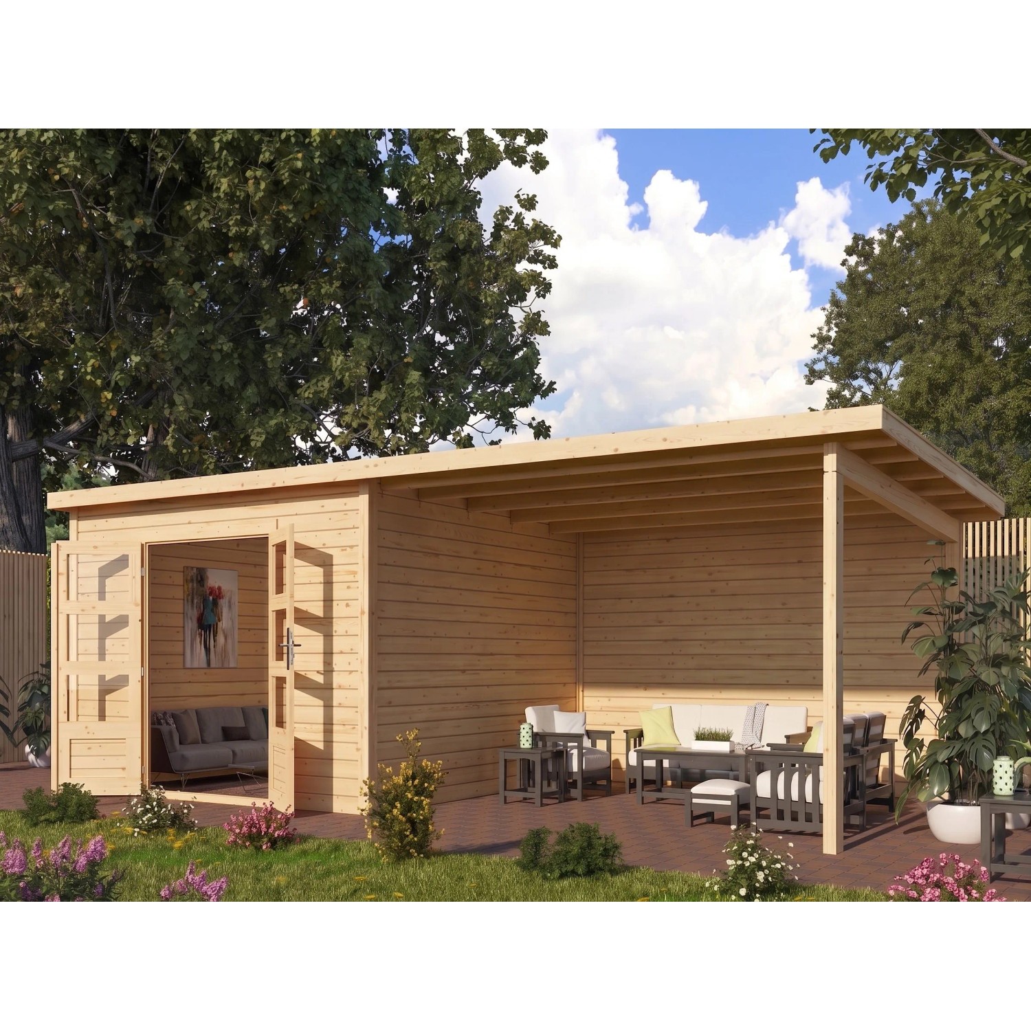 Karibu Gartenhaus Wacken 28 mm Wandstärke BxTxH 725 x 361,5 x 216,5 cm inkl. Anbaudach Natur