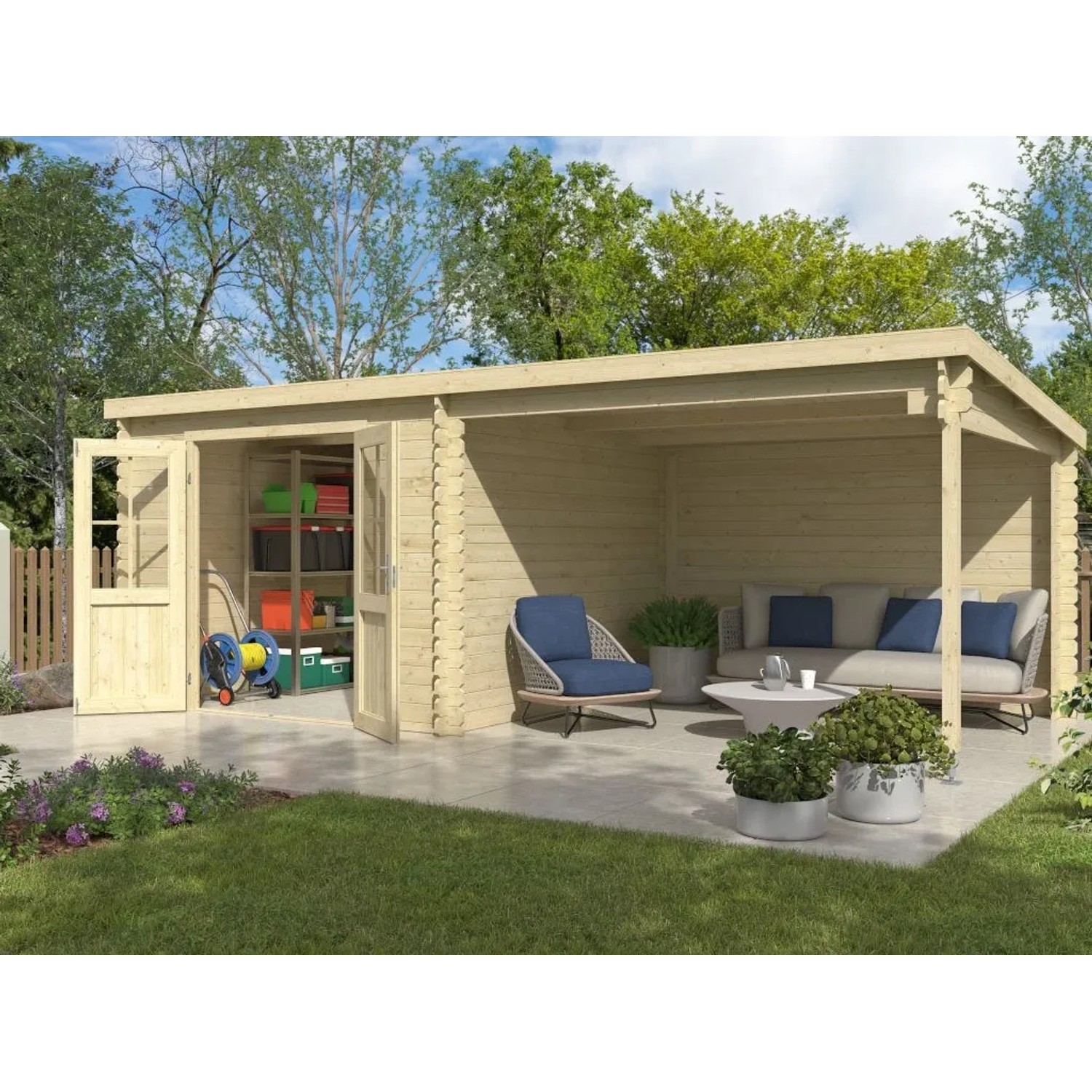 Lasita Gartenhaus Orlando 28 mm Wandstärke BxTxH 595 x 309 x 211 cm inkl. Anbaudach Natur