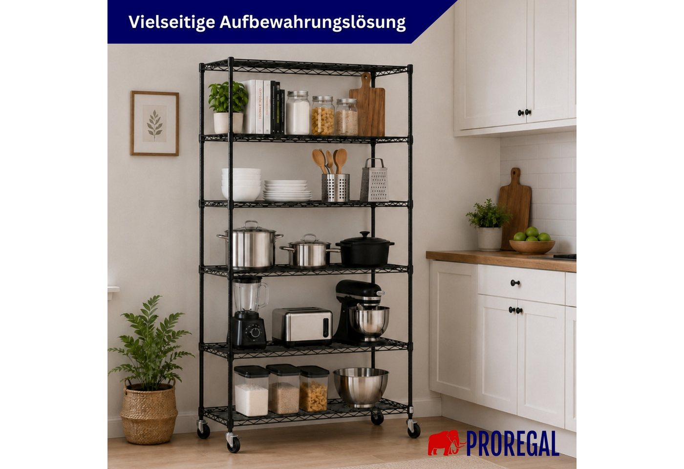 PROREGAL Gitterregal HADES Mit Rollen & 6 Gitterböden Metall 160x90x40cm Fachlast 75kg Metallregal Schwarz Schmal Küchenregal Aufbewahrungsregal