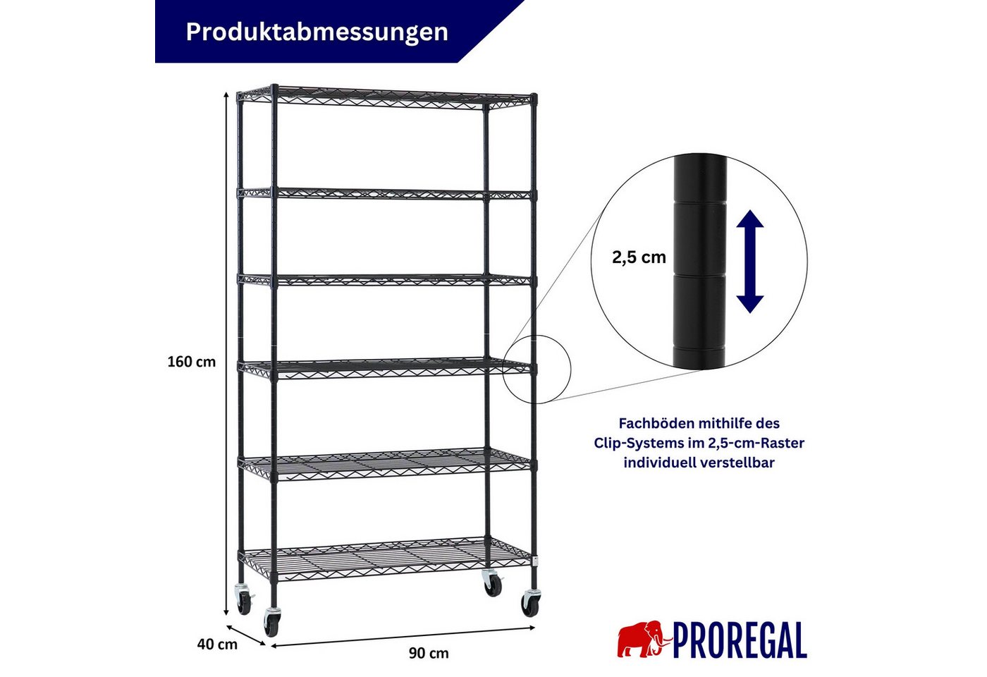 PROREGAL Gitterregal HADES Mit Rollen & 6 Gitterböden Metall 160x90x40cm Fachlast 75kg Metallregal Schwarz Schmal Küchenregal Aufbewahrungsregal Bild 5