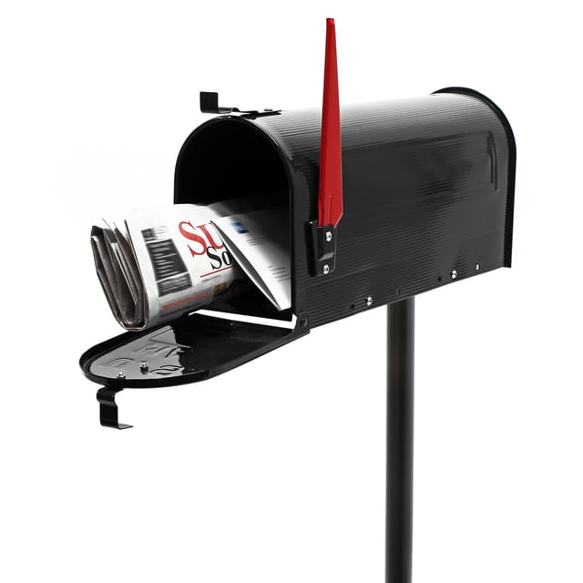 Wiltec - Set us Mailbox schwarz 180 x 220 x 480 mm, amerikanischer Briefkasten mit Fahne, Standbriefkasten Stahl amerikanisches Design mit passendem