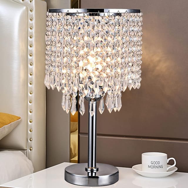 Kristall Tischlampe Nachttischlampe Kristallglas, Runder Standfuß Elegante Moderne Tischlampen Heimtischlampe Deko Lampe mit Kristallen Weiß