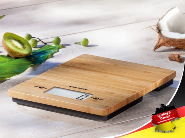 Bamboo, digitale Küchenwaage, hochwertige und natürliche Haushaltswaage aus echtem Bambus, elektronische Waage mit Sensor-Touch, Gewicht bis zu 5 kg,