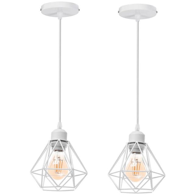 2 Stücke Industrielle Pendelleuchten, Weiß Hängelampe aus Metall E27 Vintage Hängeleuchte im Diamant Käfig für Küche Wohnzimmer Esszimmer Cafét