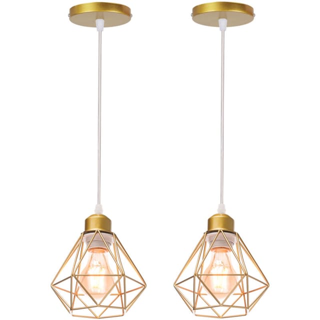 Industrielle Pendelleuchten, 2er Gold Hängelampe aus Metall E27 Vintage Hängeleuchte im Diamant Käfig für Küche Wohnzimmer Esszimmer Cafét