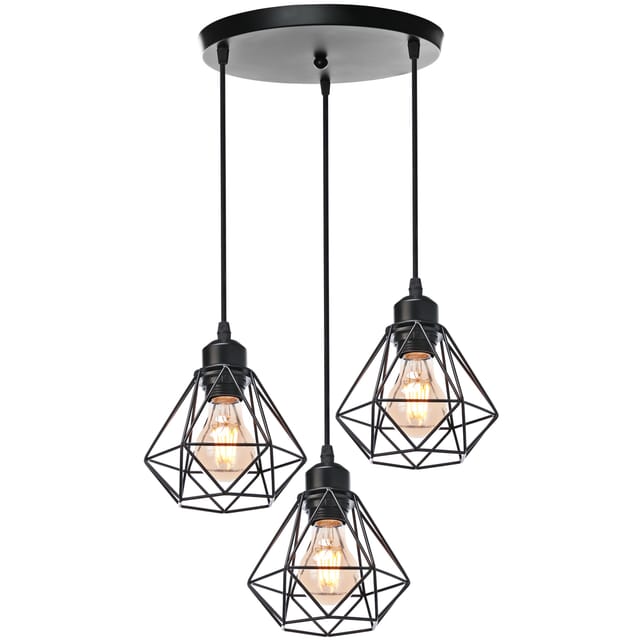 3-flammige Industrielle Pendelleuchten Aus Metall Im Diamant Käfig Hängelampe E27 Runde Basis Für Küche Wohnzimmer Esszimmer Cafét (schwarze)