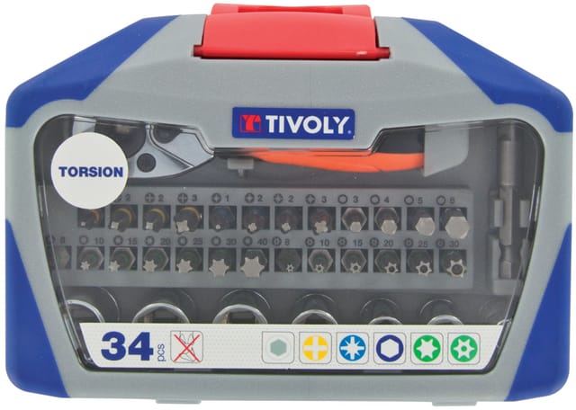 Box mit 34 Teilen – 19 Spiralbits + 7 Steckschlüsseleinsätze + 1 Steckschlüsselhalter + 1 Schraubgriff - Tivoly