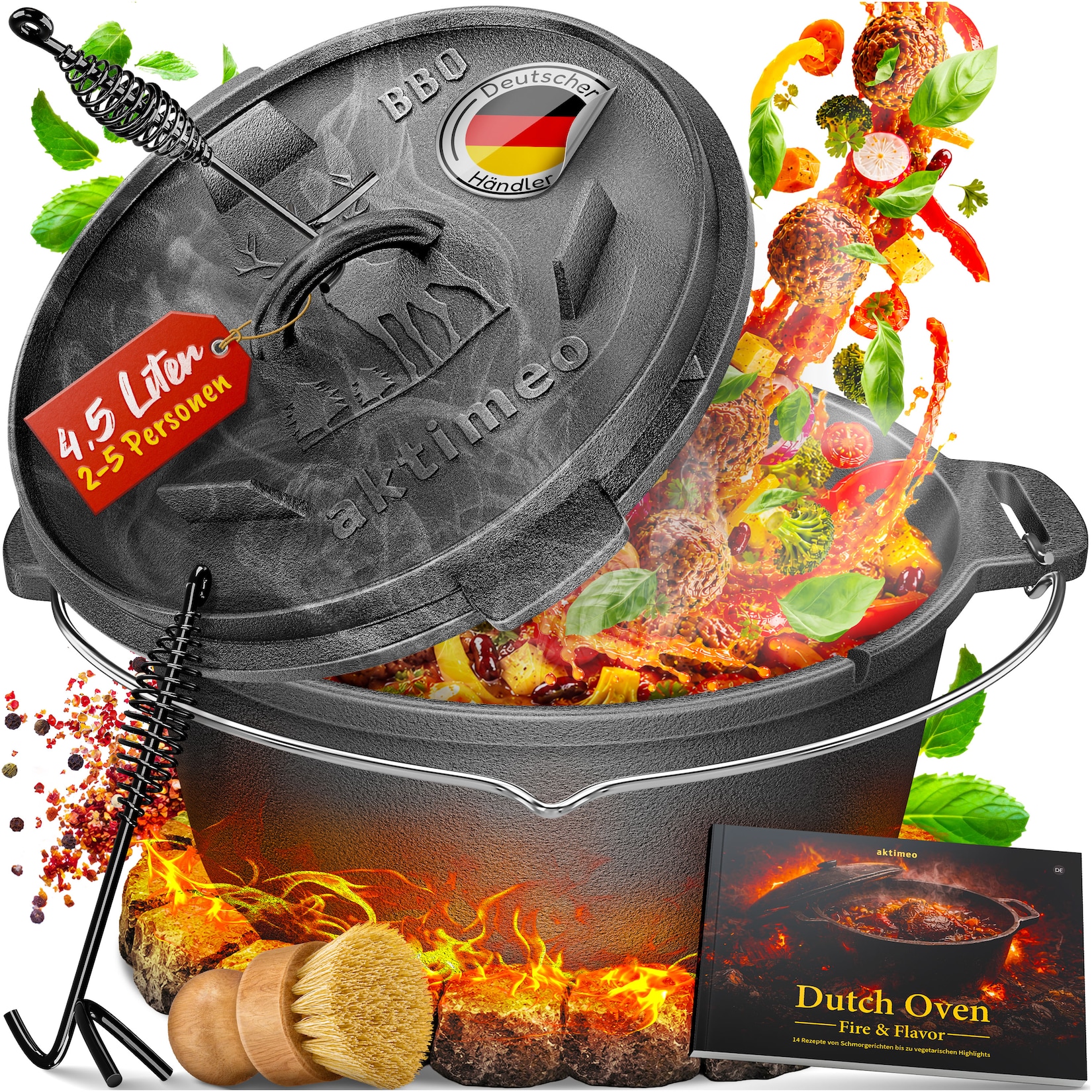 aktimeo Dutch Oven 4,5 Liter – Gusseisentopf mit Deckel aus Gusseisen inkl. Zubehör & Rezeptbuch für Grill, Lagerfeuer, Backofen und Induktion