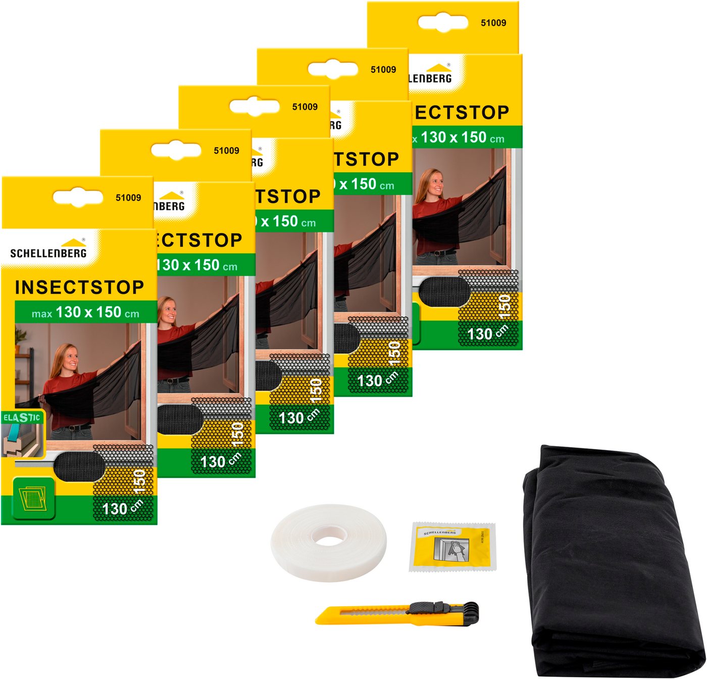 SCHELLENBERG Fliegengitter-Gewebe Elastic ohne bohren, (Set, 5-St), elastischer Insektenschutz für Fenster, 130 x 150 cm, anthrazit, weiß Bild 2