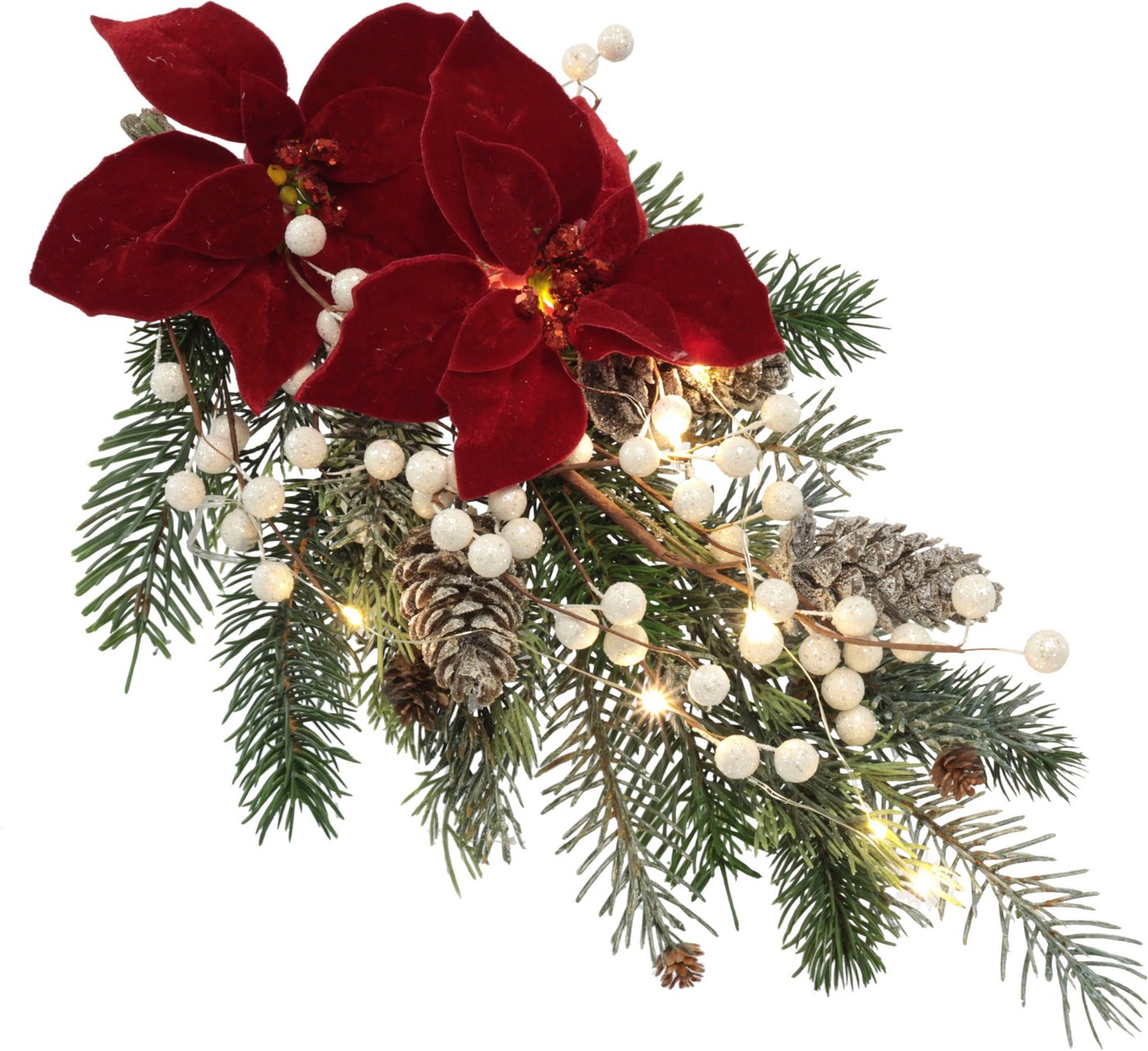 Winterliche Kunstpflanze Gesteck, Poinsettia mit LED Beleuchtung, Weihnachtsdeko, Christstern, Tanne, I.GE.A., Höhe 44 cm, Kunstblumen-Arrangement mit Weihnachtsstern, Weihnachtsgesteck Bild 4