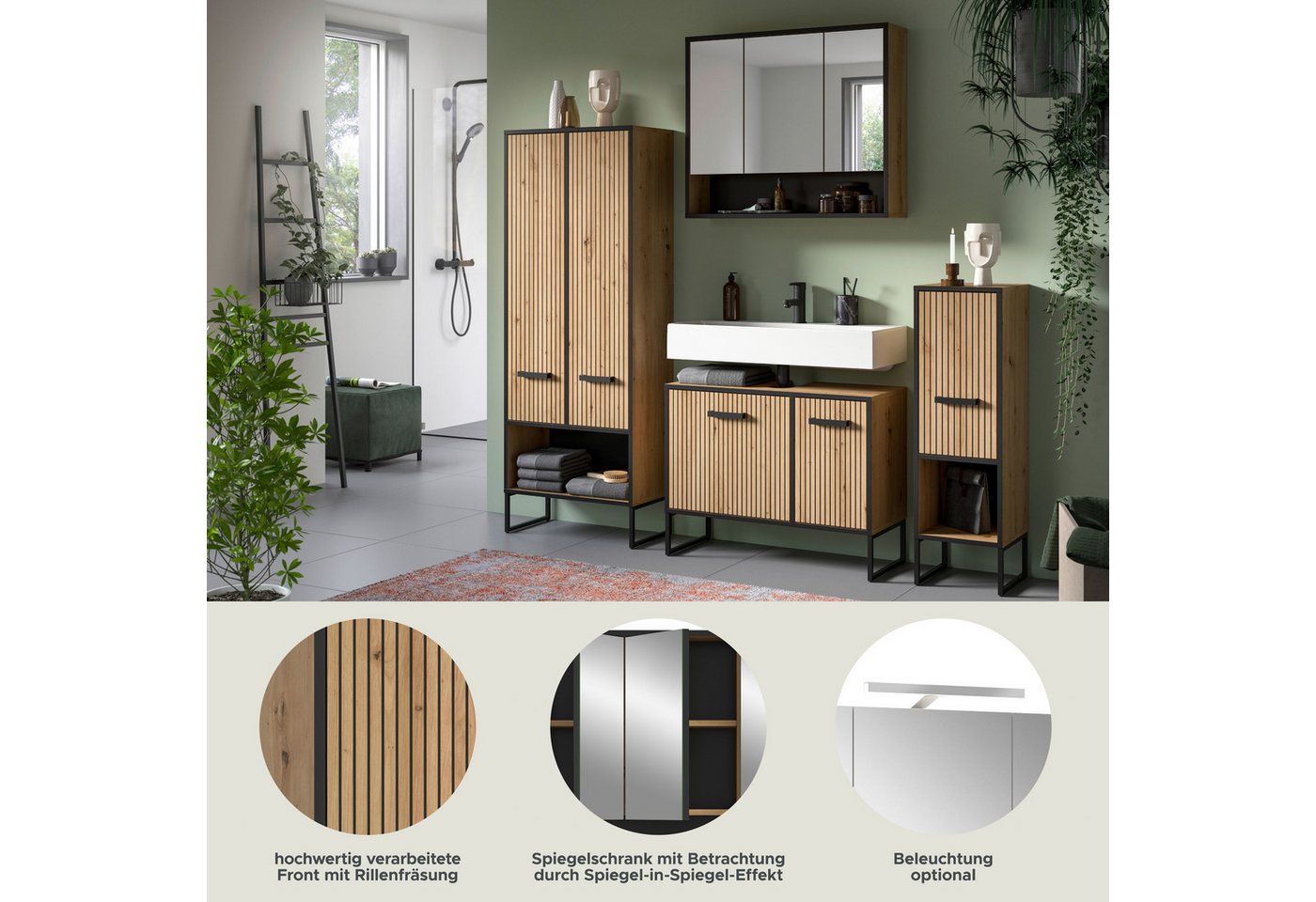 welltime Badmöbel-Set LOCRI, 4-tlg. Badkombination, Breite 199 cm, Rillenoptik, Metallkufen, (4-St., bestehend aus: Hochschrank, WBU, Spiegelschrank & Standschrank), Bad-Kombination, Bad-Möbel, Badezimmer, Kombination, Kombi