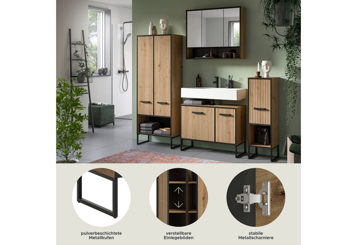 welltime Badmöbel-Set LOCRI, 4-tlg. Badkombination, Breite 199 cm, Rillenoptik, Metallkufen, (4-St., bestehend aus: Hochschrank, WBU, Spiegelschrank & Standschrank), Bad-Kombination, Bad-Möbel, Badezimmer, Kombination, Kombi Bild 2