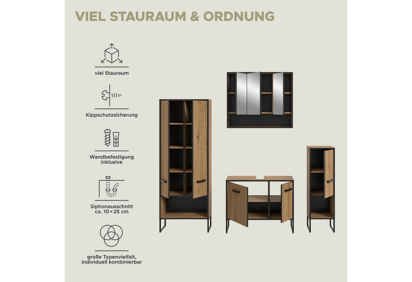 welltime Badmöbel-Set LOCRI, 4-tlg. Badkombination, Breite 199 cm, Rillenoptik, Metallkufen, (4-St., bestehend aus: Hochschrank, WBU, Spiegelschrank & Standschrank), Bad-Kombination, Bad-Möbel, Badezimmer, Kombination, Kombi Bild 3
