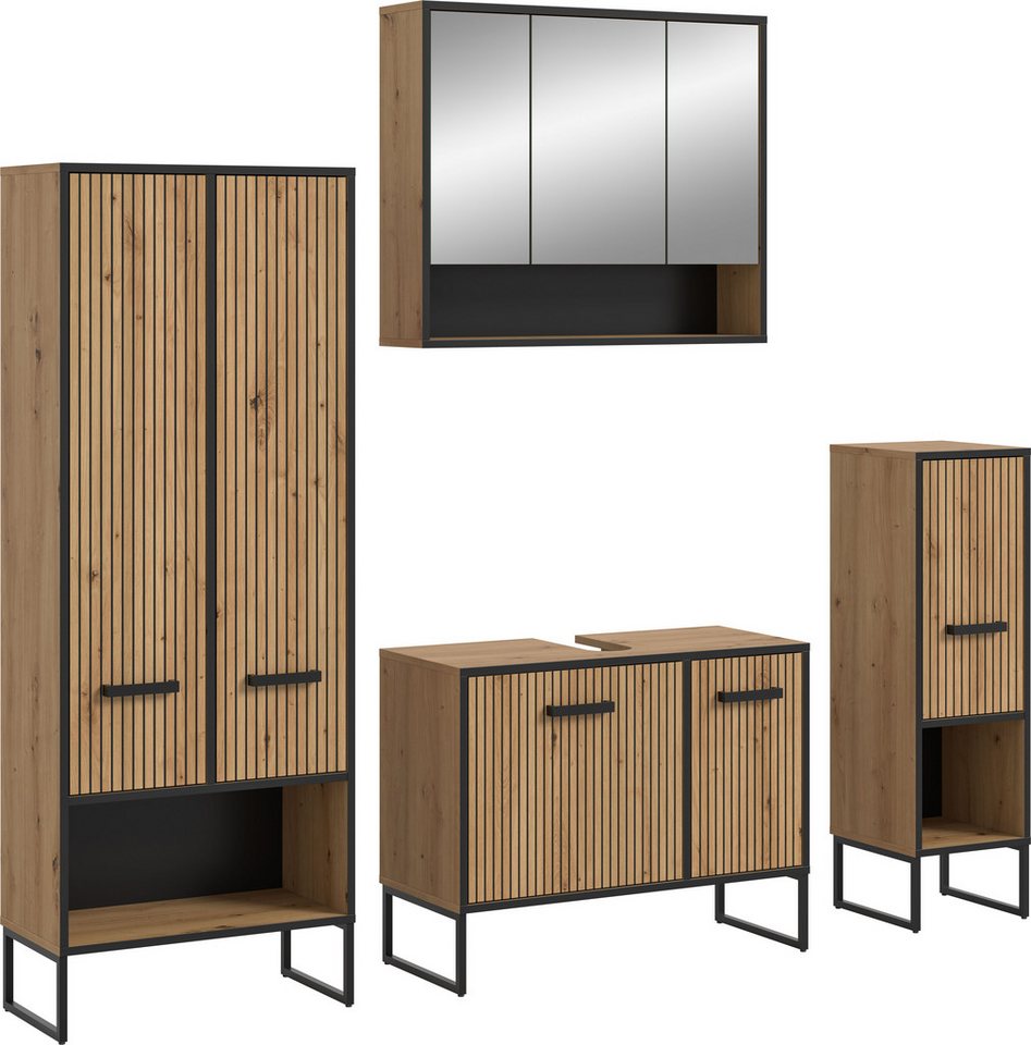 welltime Badmöbel-Set LOCRI, 4-tlg. Badkombination, Breite 199 cm, Rillenoptik, Metallkufen, (4-St., bestehend aus: Hochschrank, WBU, Spiegelschrank & Standschrank), Bad-Kombination, Bad-Möbel, Badezimmer, Kombination, Kombi Bild 4