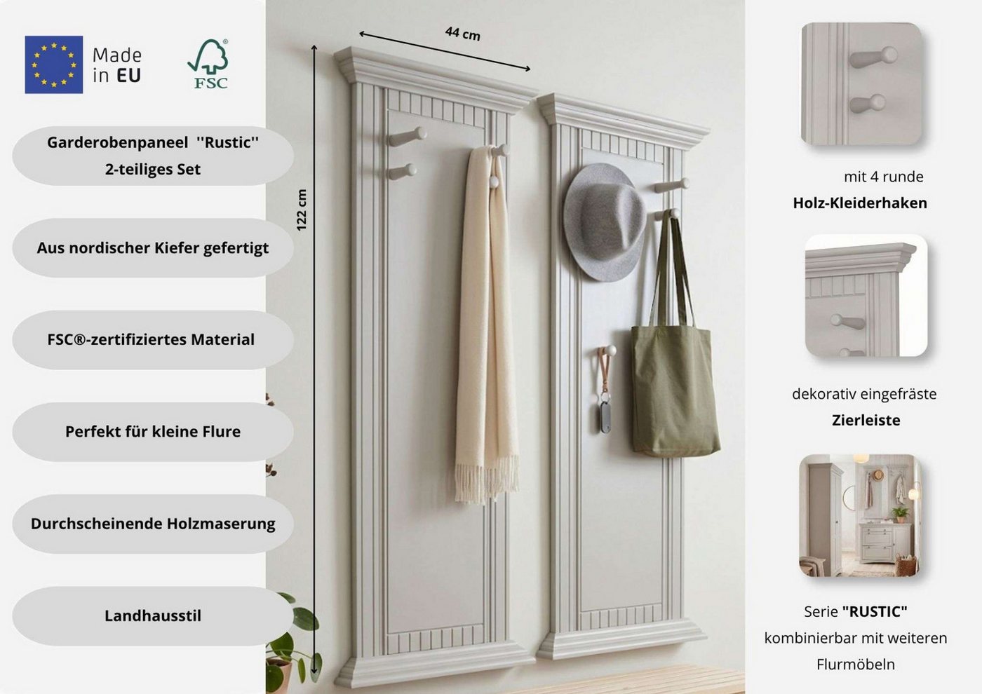 OTTO home Garderobenpaneel Rustic, Set aus 2 Paneelen, Landhausstil (2 St., Made in Europe), aus massiver Kiefer, mit dekorativen Fräsungen Bild 4