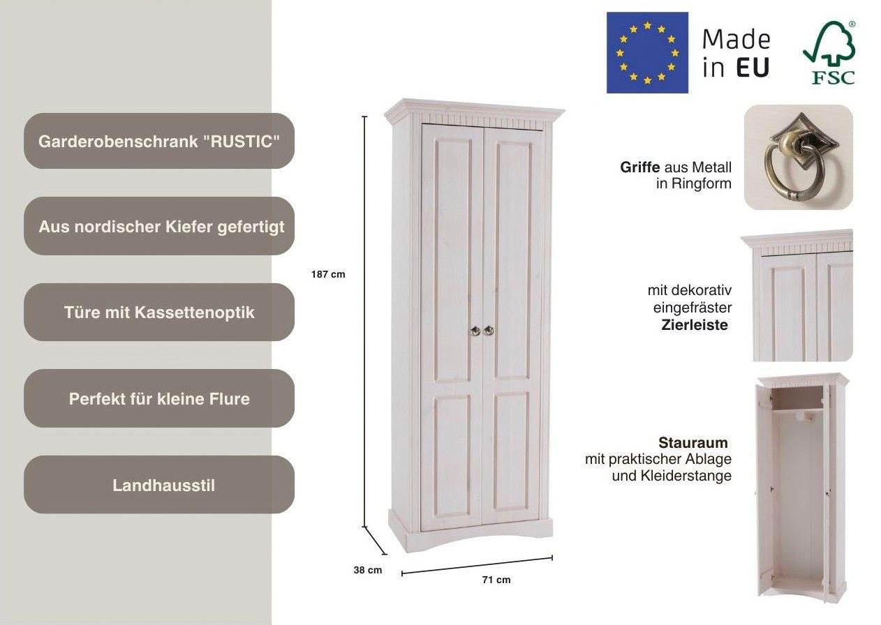 OTTO home Garderobenschrank Rustic, Dielenschrank, Dielenmöbel, Landhausstil (Made in Europe) aus massiver Kiefer, Breite 71 cm, Kassettenoptik Bild 2