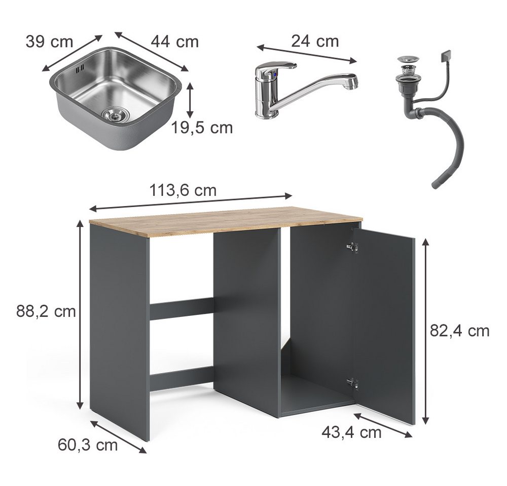 Vicco Waschmaschinenumbauschrank Viktor, Anthrazit/Goldkraft Eiche, 113.6 x 88.2 cm mit Spüle & Arm... (2-St) Bild 5
