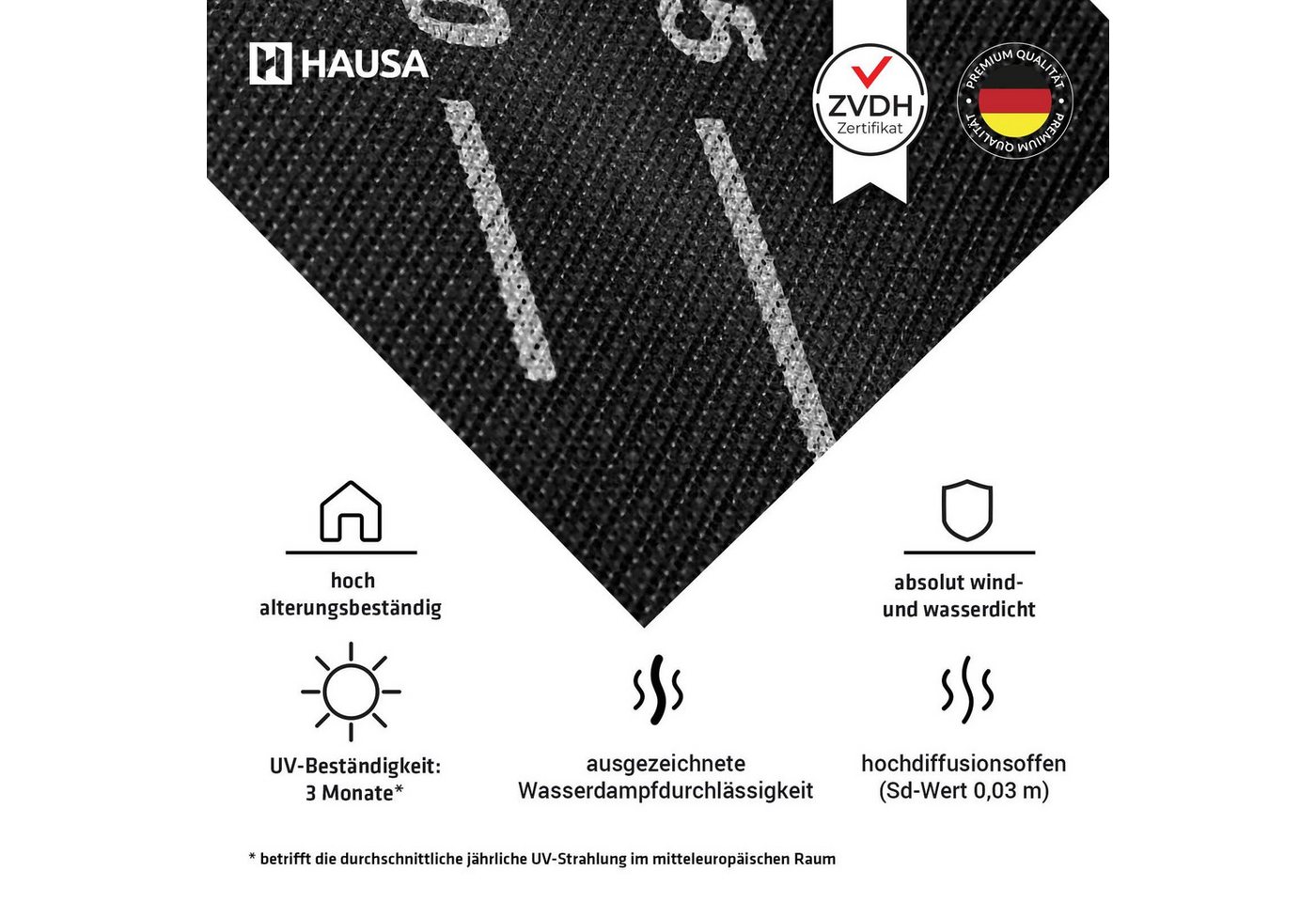 Hausa Dachbahn Unterspannbahn Premium HU150SK gemäß ZVDH Klasse UDB-A / USB-A, Mit 2 Selbstklebestreifen, 75 m² pro Paket, (150g/m², 1-St., 1,5m x 50m), flexible dreilagige hochdiffusionsoffene Unterdeckbahn