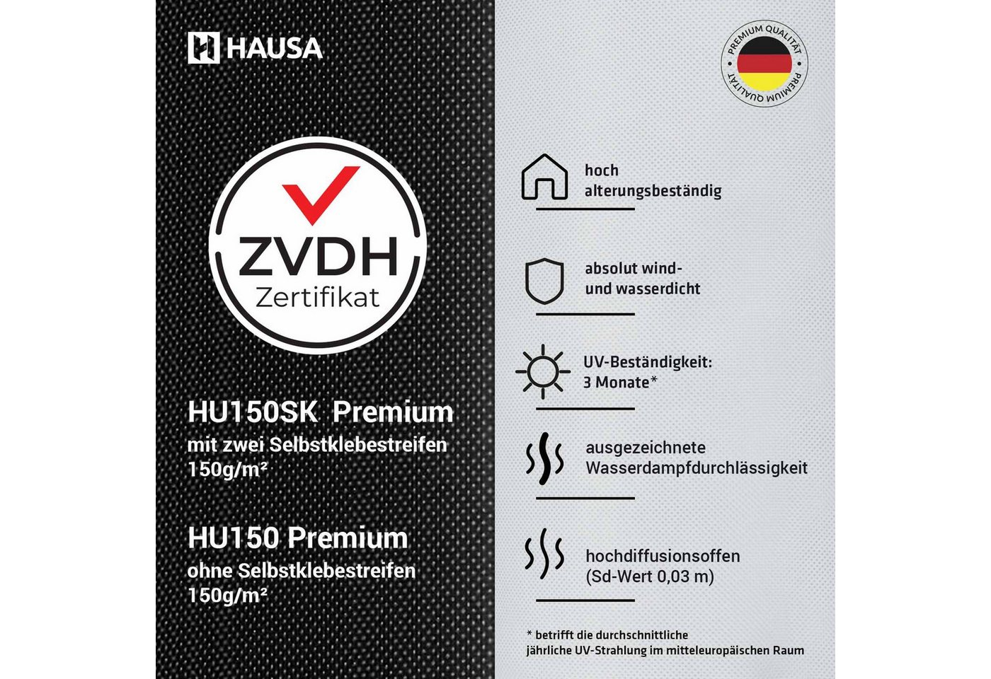 Hausa Dachbahn Unterspannbahn Premium HU150SK gemäß ZVDH Klasse UDB-A / USB-A, Mit 2 Selbstklebestreifen, 75 m² pro Paket, (150g/m², 1-St., 1,5m x 50m), flexible dreilagige hochdiffusionsoffene Unterdeckbahn Bild 2