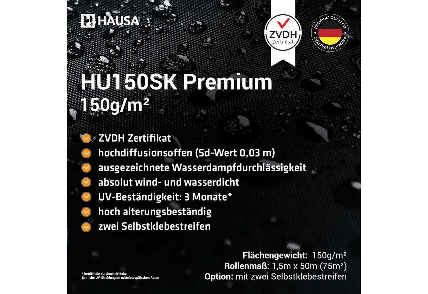 Hausa Dachbahn Unterspannbahn Premium HU150SK gemäß ZVDH Klasse UDB-A / USB-A, Mit 2 Selbstklebestreifen, 75 m² pro Paket, (150g/m², 1-St., 1,5m x 50m), flexible dreilagige hochdiffusionsoffene Unterdeckbahn Bild 3